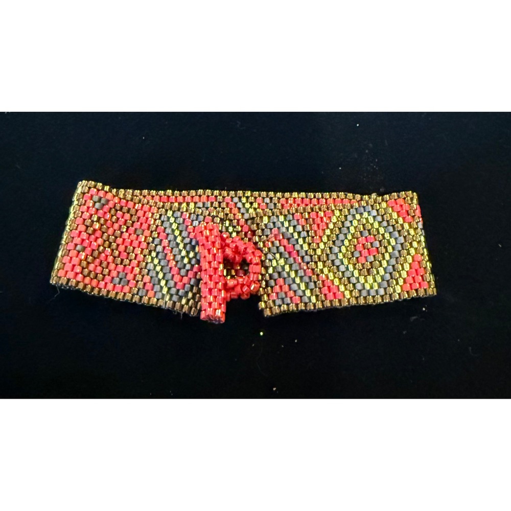 Womens 6.5" Seed Bead Cuff Bracelet Red Gold Geometric Loom Woven Toggle Western